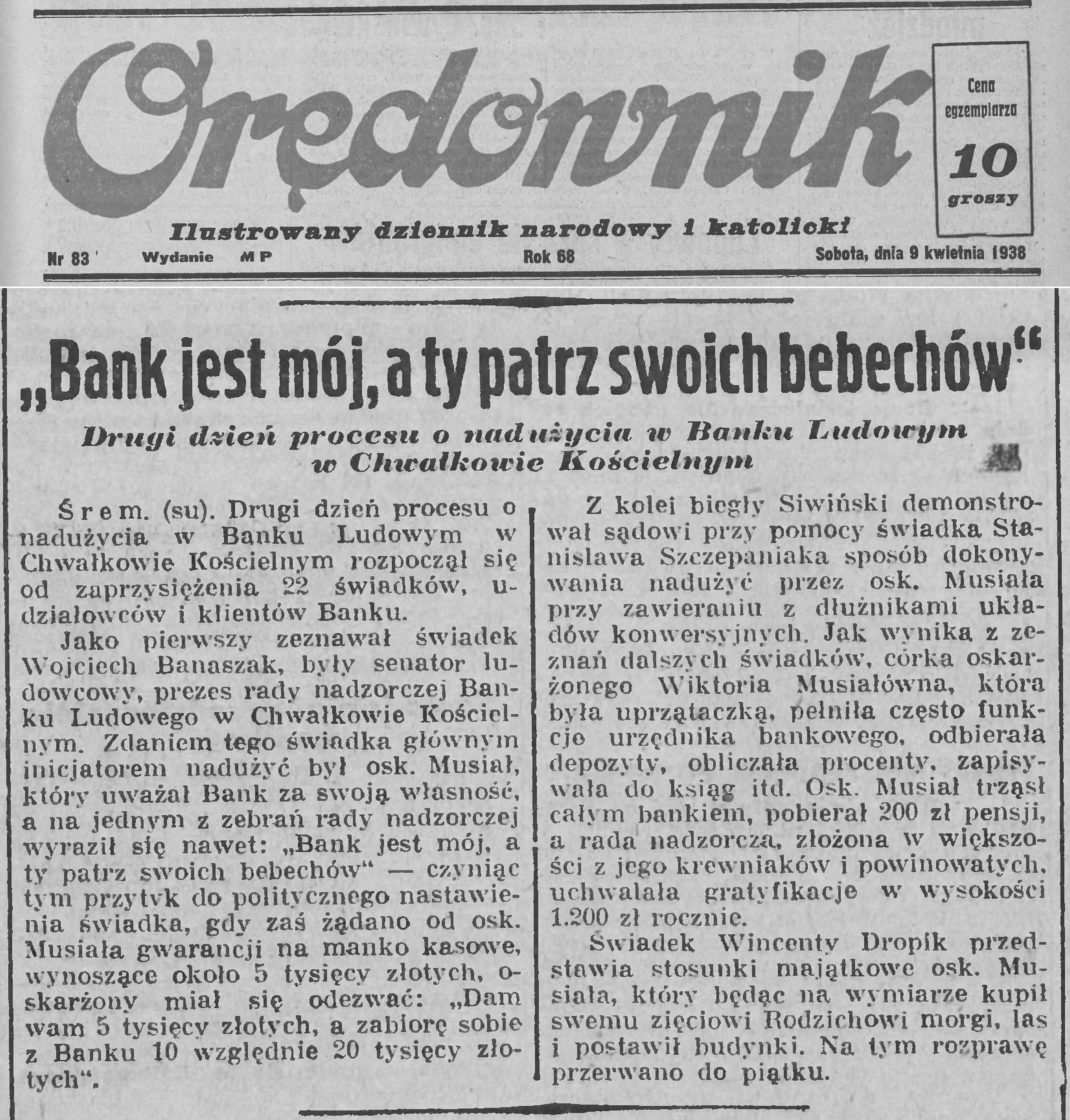 Bank Ludowy w Chwałkowie Kościelnym. Orędownik  - 1938 r.  