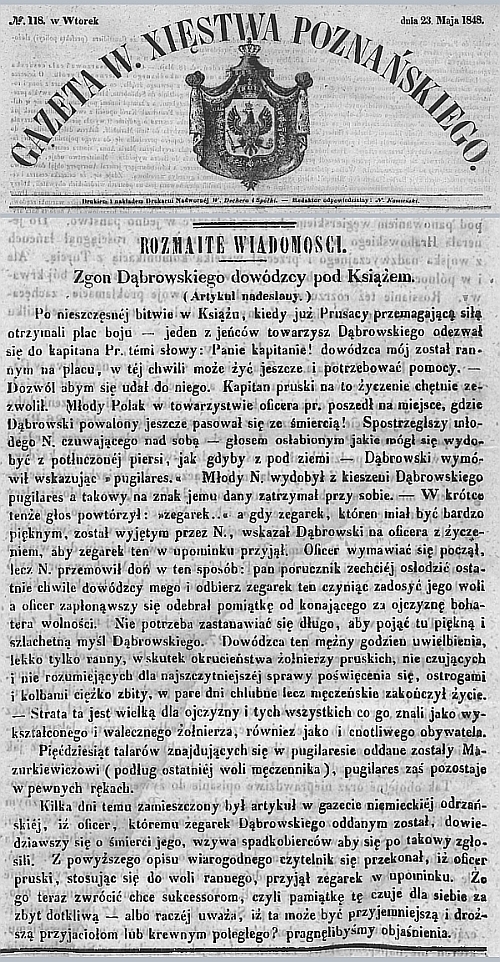 Zgon Floriana Dąbrowskiego. Gazeta Wielkiego Xięstwa Poznańskiego - 1848 r. 