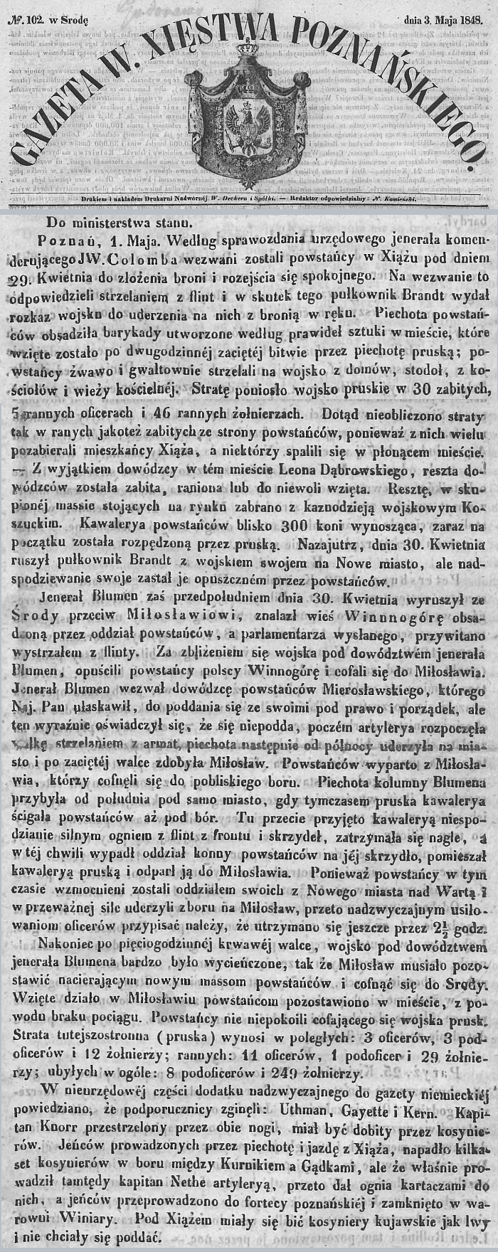 Bitwa o Książ i Miłosław. Gazeta Wielkiego Xięstwa Poznańskiego - 1848 r. 