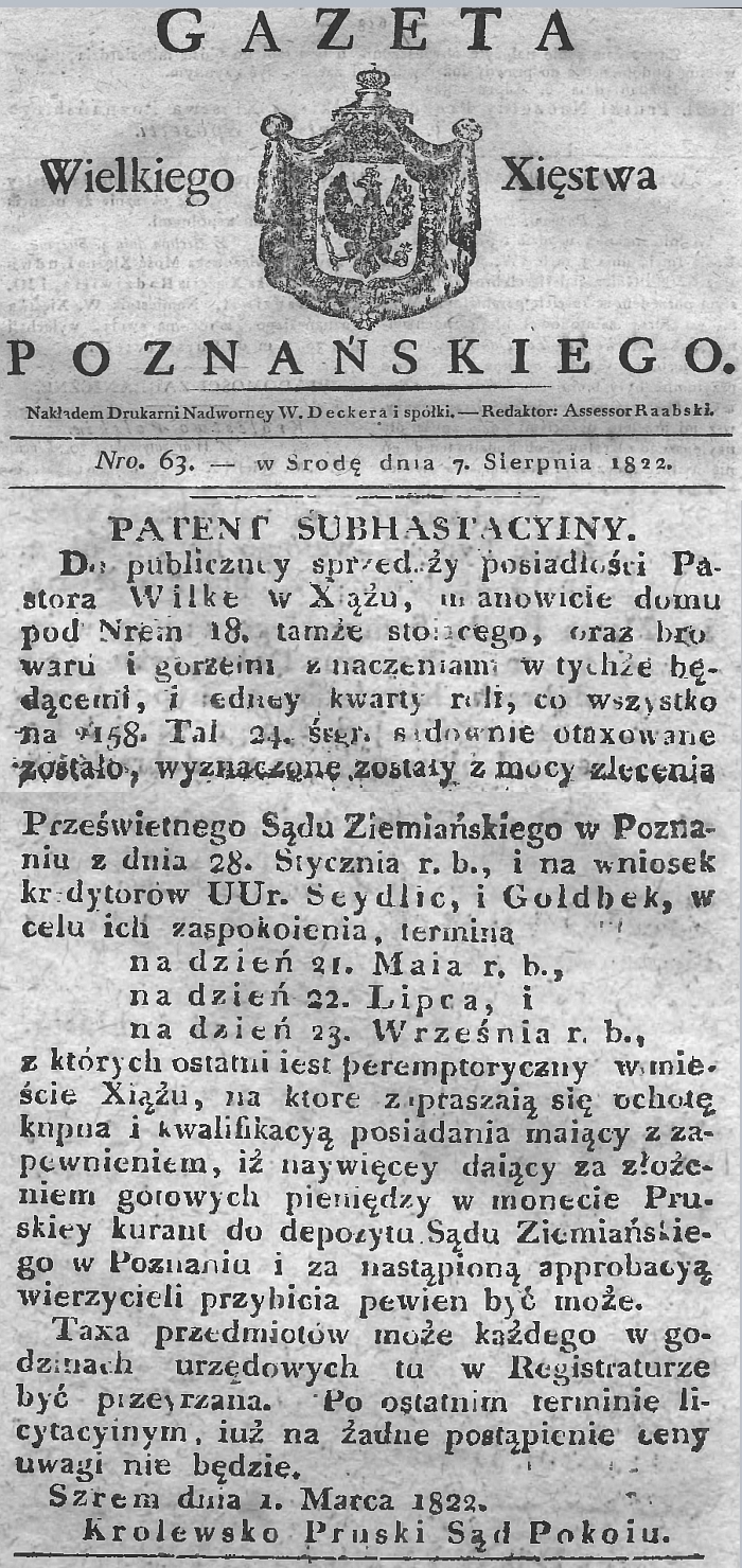 Pastor Wilke - sprzedaż . Książ. Gazeta Wielkiego Xięstwa Poznańskiego - 1822 r.