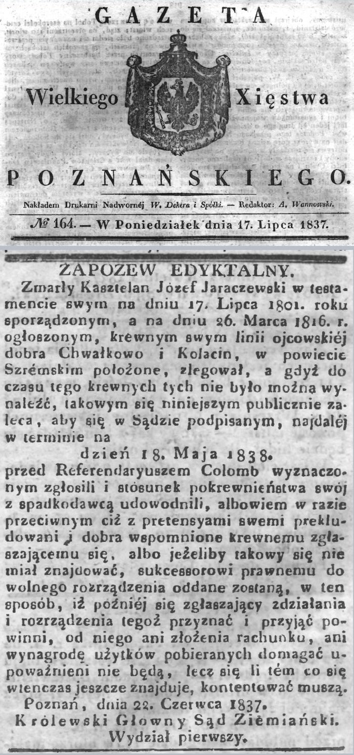 Testament J. Jaraczewskiego. Kołacin. Gazeta Wielkiego Xięstwa Poznańskiego - 1837 r.