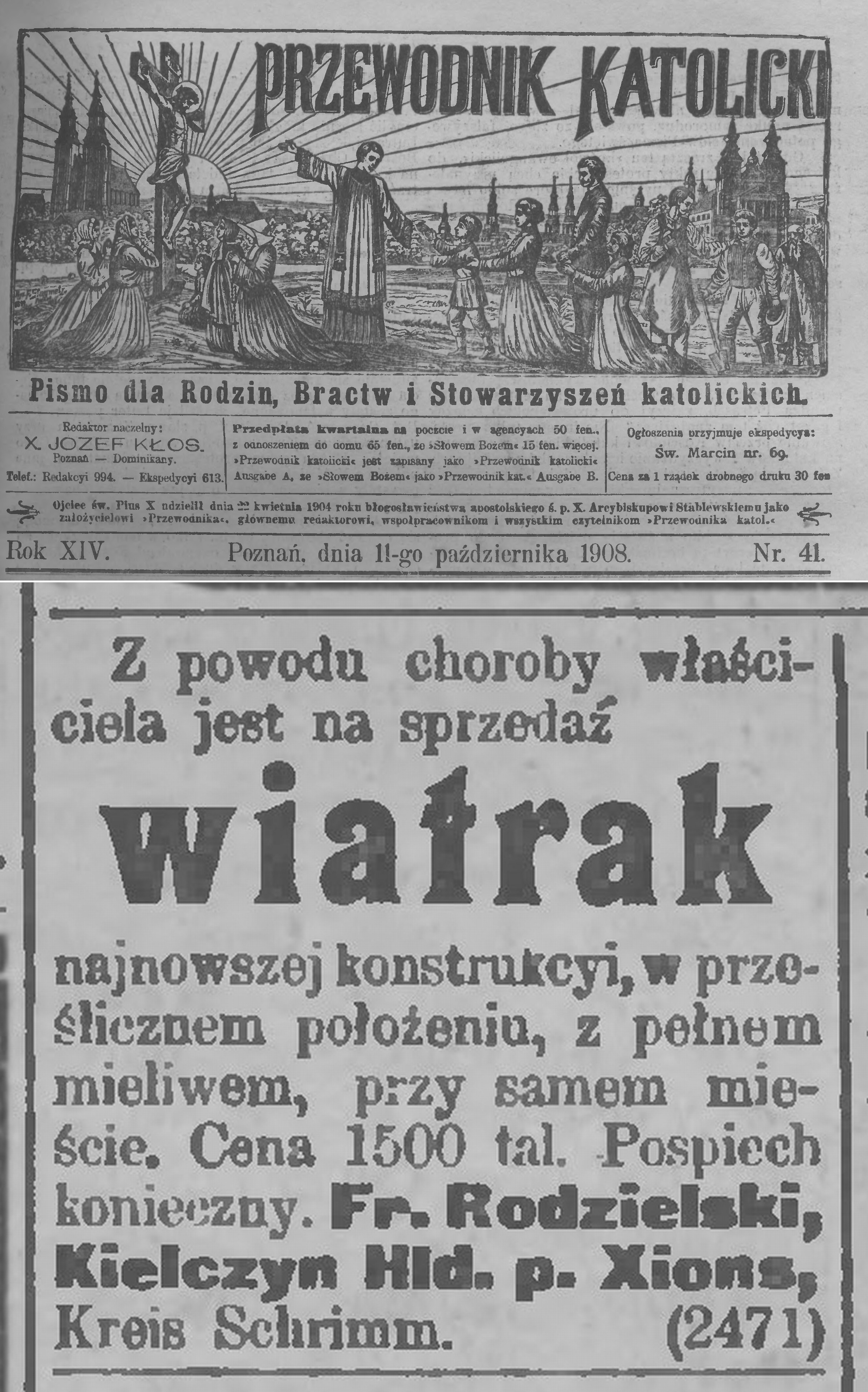 Sprzedam wiatrak Kiełczyn Hld. Kiełczynek. Przewodnik Katolicki - 1908 r.