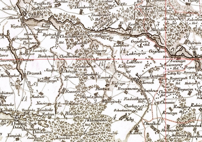 Mapa Prus Południowych Davida Gilly. 1802-1803 (fragment Śrem - Książ)