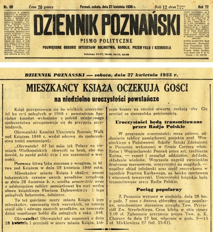 87. rocznica Wiosny Ludów. Dziennik Poznański  - 1935 r.