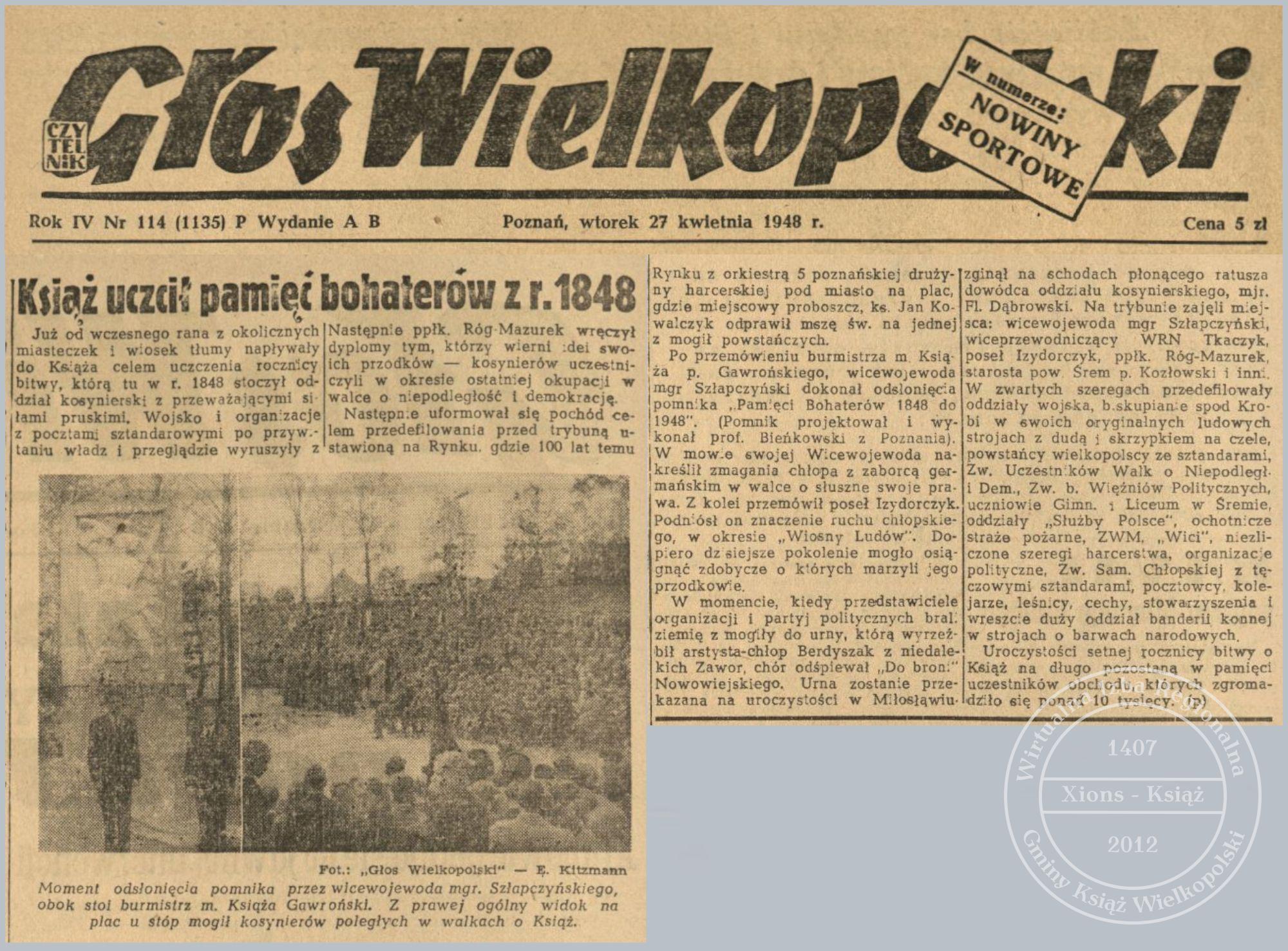 100. rocznica Wiosny Ludów. Odsłonięcie pomnika