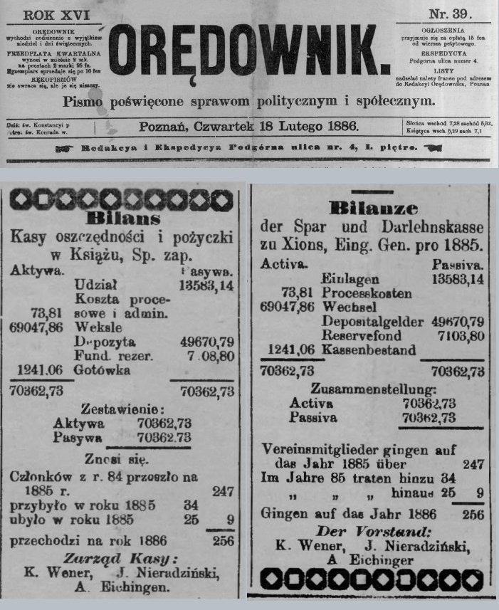 Bilans Kasy oszczędności i pożyczki. Książ. Orędownik - 1886 r.