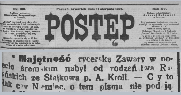 Majętność rycerska Zawory. Postęp - 1904 r. 