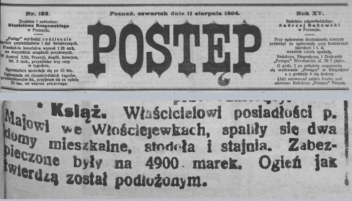 Pożar posiadłości pana Maja. Włościejewki. Postęp - 1904 r.