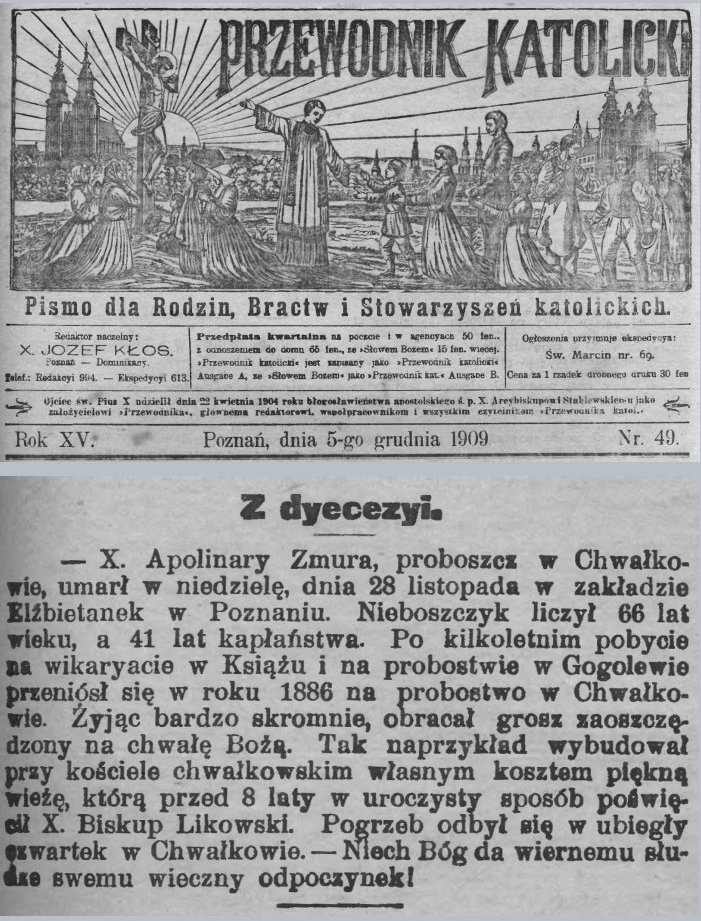 Ks. Apolinary Zmura zgon. Chwałkowo Kościelne. Przewodnik  Katolicki - 1909 r.