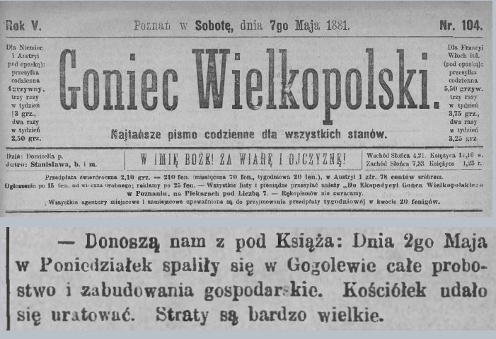 Gogolewo, pożar probostwa. Goniec Wielkopolski - 1881 r. 