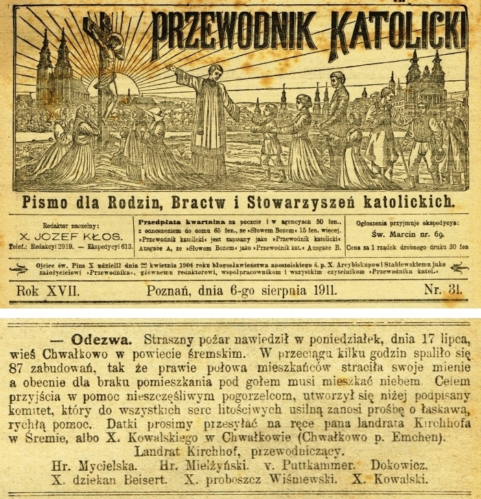 Pożar  Chwałkowo Kościelne. Przewodnik Katolicki - 1911 r.  