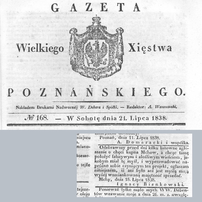 Ignacy Bieńkowski - ogłoszenie. Gazeta Wielkiego Xięstwa Poznańskiego - 1838 r.