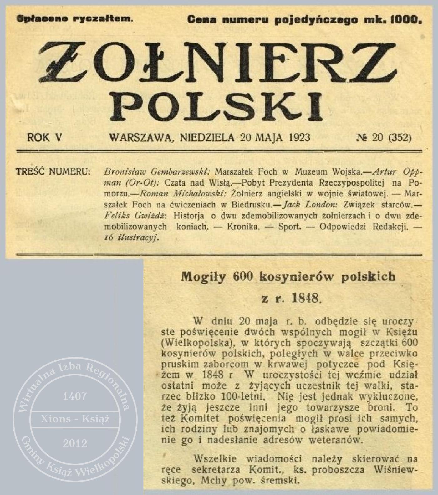 Mogiły Kosynierów 1848. Żołnierz Polski - 1923 r. 