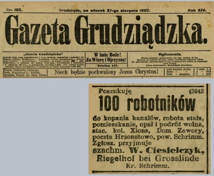 100 robotników. Zawory. Gazeta Grudziądzka - 1907 r.