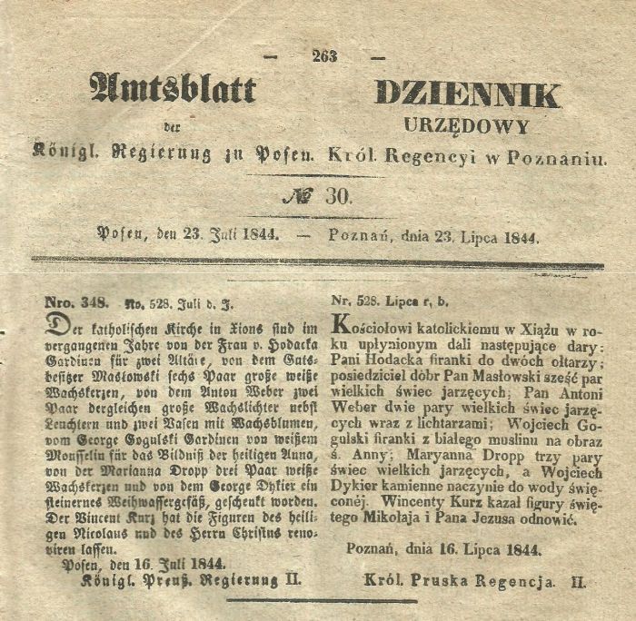 Dary dla kościoła w Książu. Xions. Dziennik Urzędowy - 1844 r.