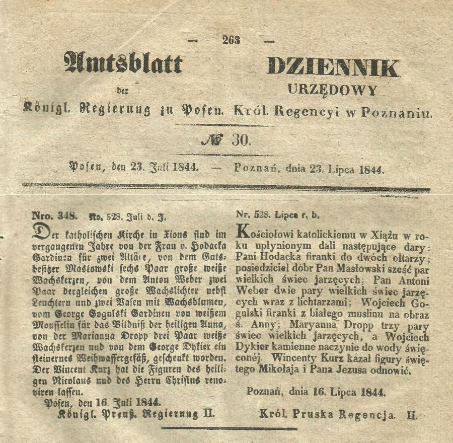 Dary dla kościoła w Książu. Xions. Dziennik Urzędowy - 1844 r.