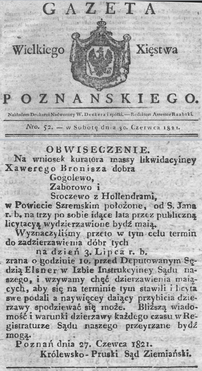 Gogolewo licytacja dzierżawy. Gazeta Wielkiego Xięstwa Poznańskiego - 1821 r. 