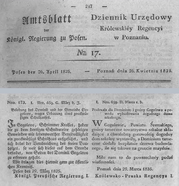 Gogolewo, szkoła. Dziennik Urzędowy Królewskiey Regencyi w Poznaniu 1825r.