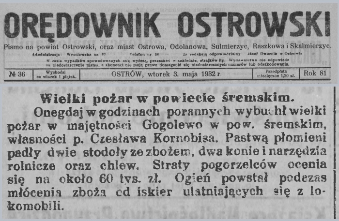 Gogolewo, pożar. Orędownik Ostrowski - 1932 r. 