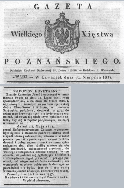 Testament J. Jaraczewskiego. Chwałkowo. Gazeta Wielkiego Xięstwa Poznańskiego - 1837 r.