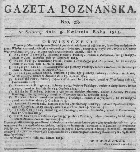 Żołnierz Napoleona z Charłubia. Gazeta Poznańska - 1815 r. 