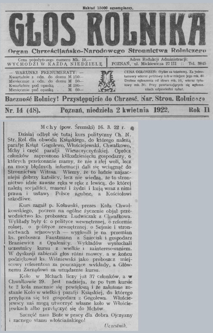 Kurs polityczny Mchy. Głos Rolnika - 1922 r.