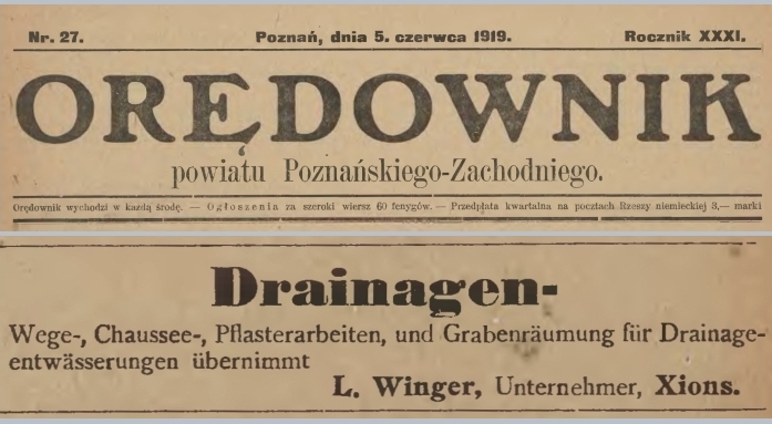 Ogłoszenie L. Winger, Xions. Orędownik - 1919 r. 