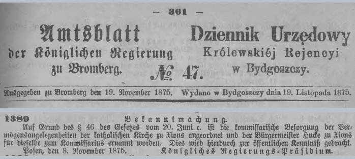 Kościół Książ, Xions. Dziennik Urzędowy Królewskiej Rejencyi w Bydgoszczy - 1875r. 