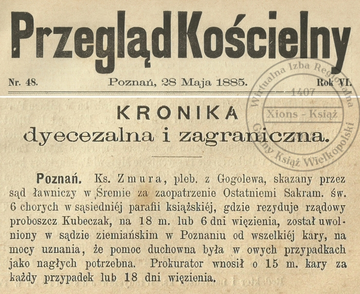 Ks. Zmura wyrok. Przegląd Kościelny - 1885 r.