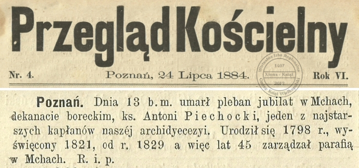 Ks. Antoni Piechocki zgon. Przegląd Kościelny - 1884 r.