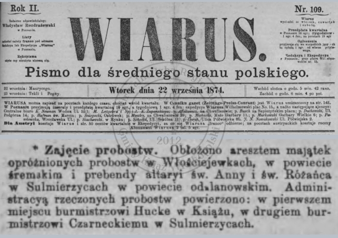 Zajęcie probostwa Włościejewki. Wiarus - 1874 r. 