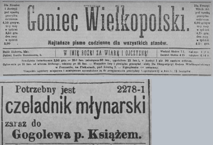 Gogolewo młyn. Goniec Wielkopolski - 1883 r. 