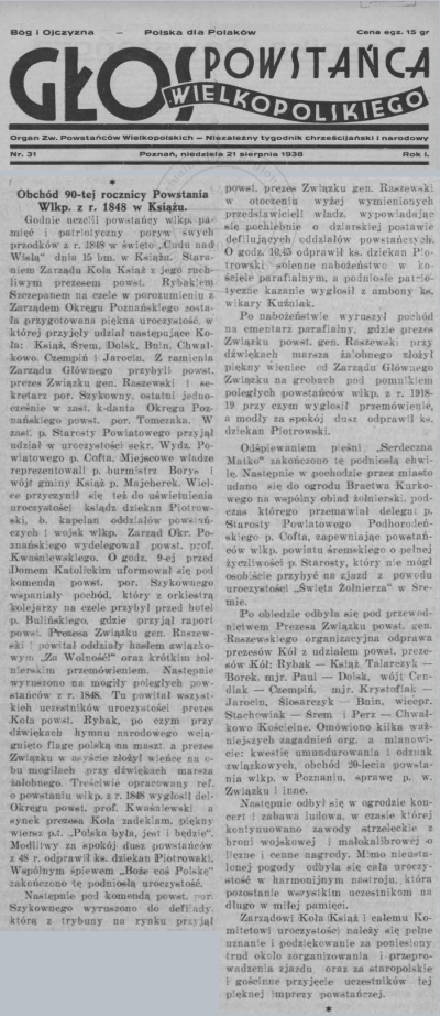 90. rocznica bitwy o Książ 1848. Relacja. Głos Powstańca Wielkopolskiego - 1938 r.  