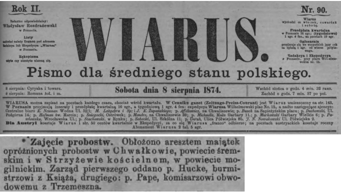 Zajęcie probostwa Chwałkowo. Wiarus - 1874 r.