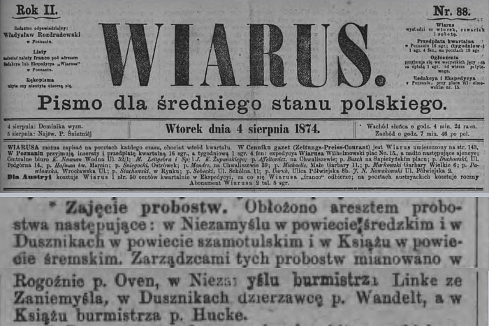 Zajęcie probostwa w Książu. Wiarus - 1874 r. 